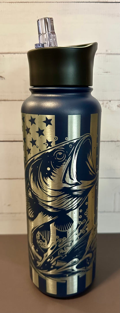 40oz. Insulated Water Bottle with Collapsible Straw Lid - Navy, Keep Calm and Go Fishing