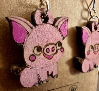 Wooden Engraved Dangle Earrings - Pig