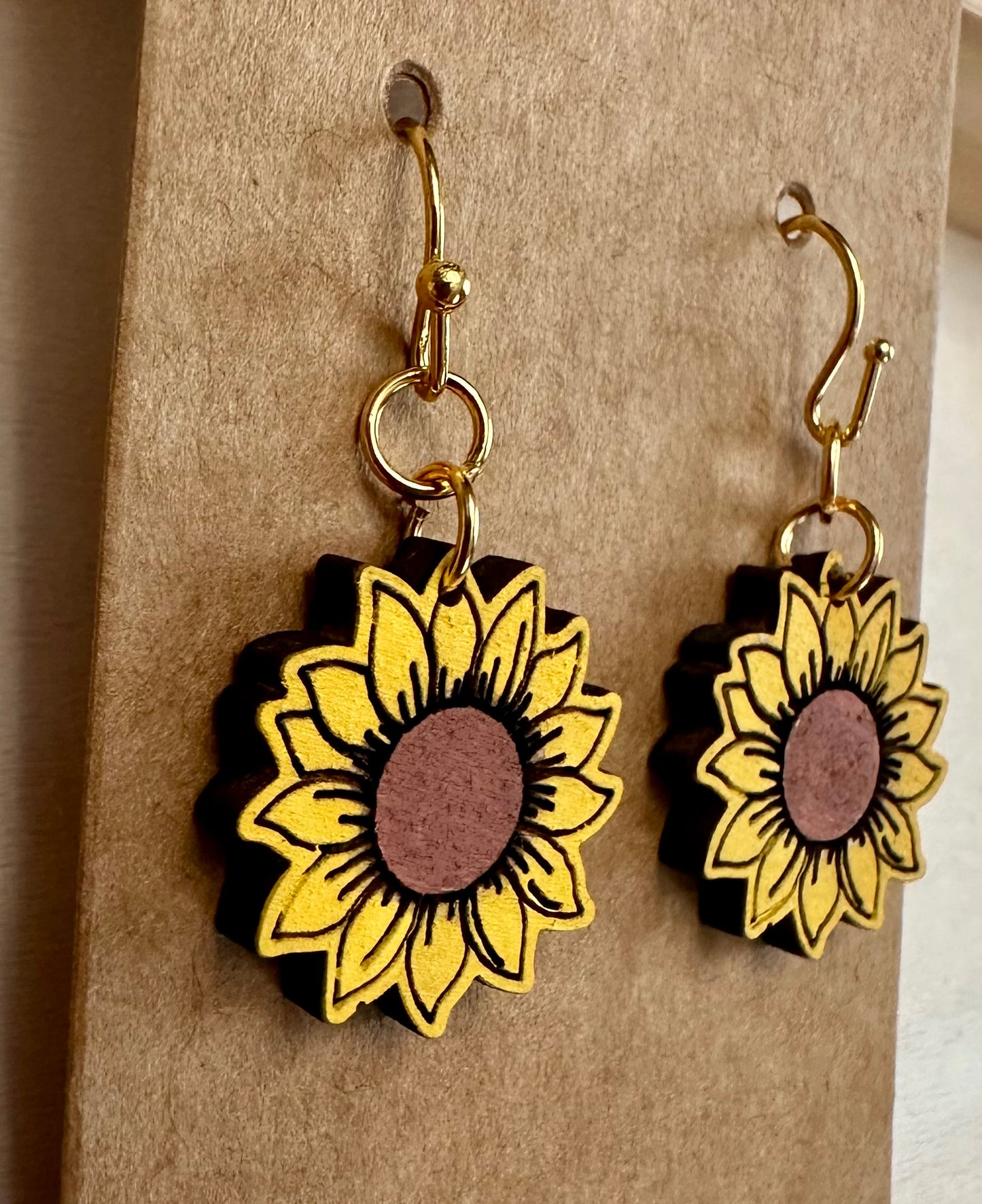 Wooden Engraved Dangle Earrings - Sunflowers