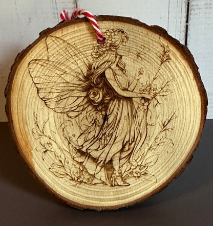 Engraved Live Edge Wooden Round Ornament - Woodland Fairy