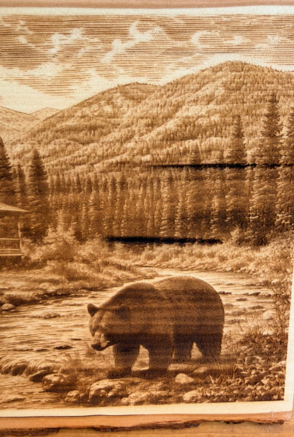 Plaque Live Edge Rectangular - Bear Near Log Cabin