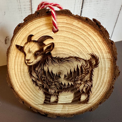 Engraved Live Edge Wooden Round Ornament - Goat with Inner Wilderness Scene