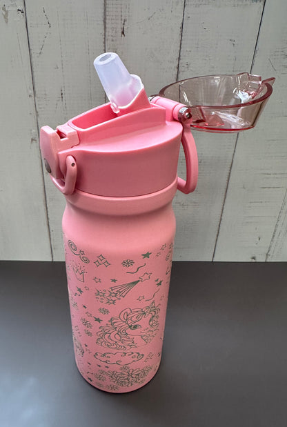 16oz. Insulated Water Bottle with Straw Lid and Built in Lid Handle - Pink with Unicorns