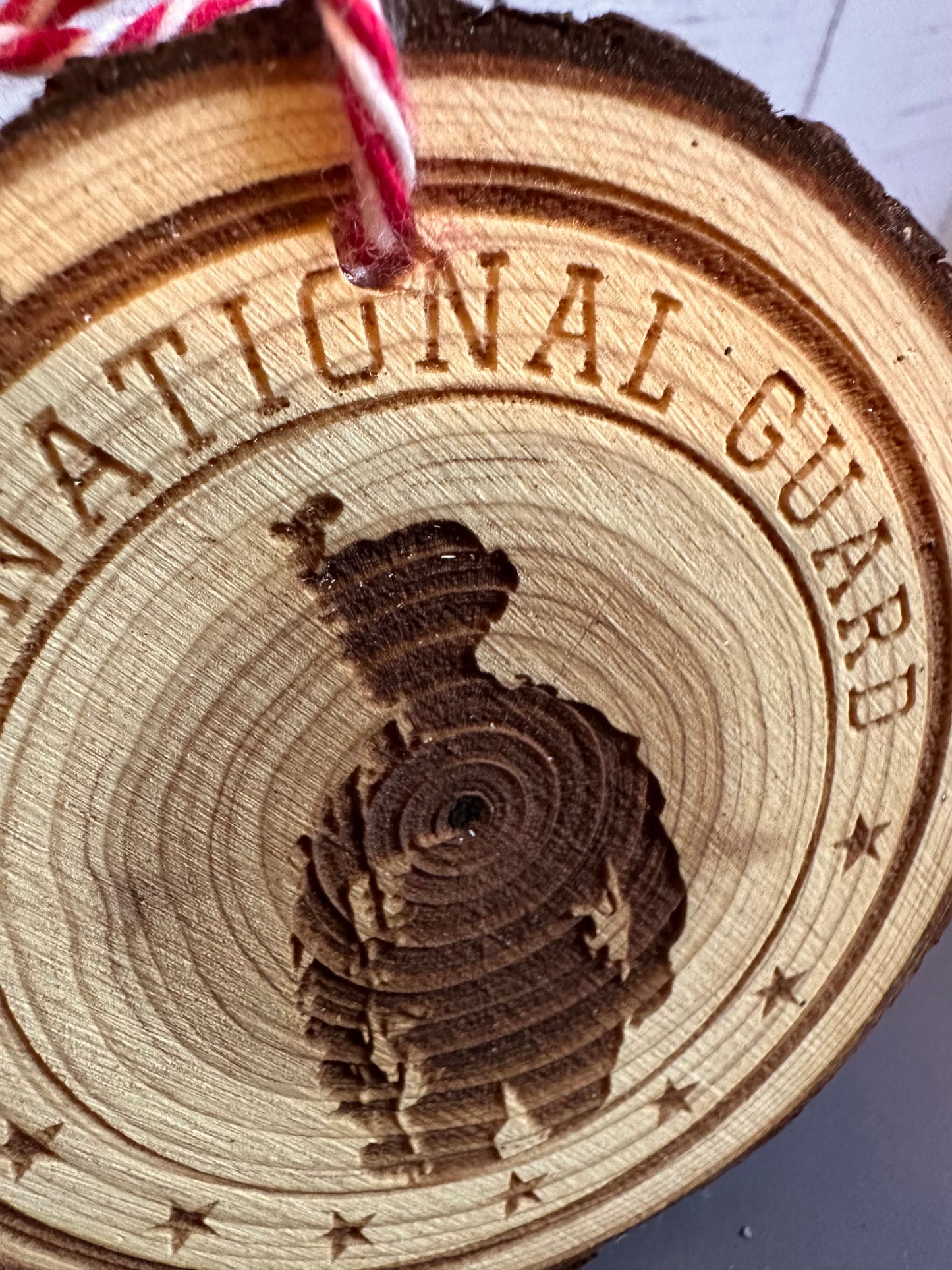 Engraved Live Edge Wooden Round Ornament - Army National Guard