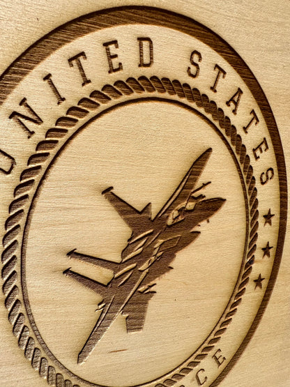 Military Air Force Seal with Aircraft Live Edge Rectangular Plaque