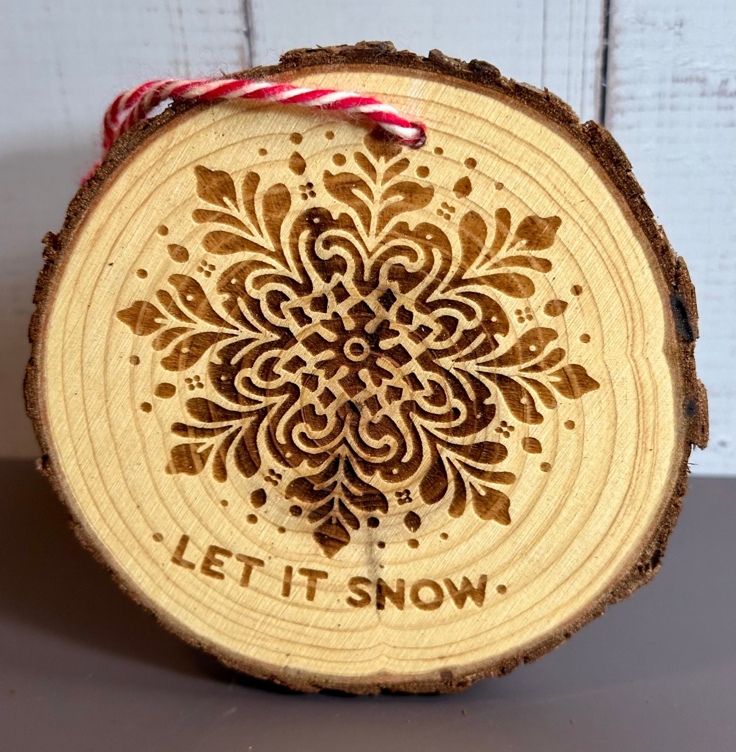 Engraved Live Edge Wooden Round Ornament - Let It Snow, Ornate Snowflake
