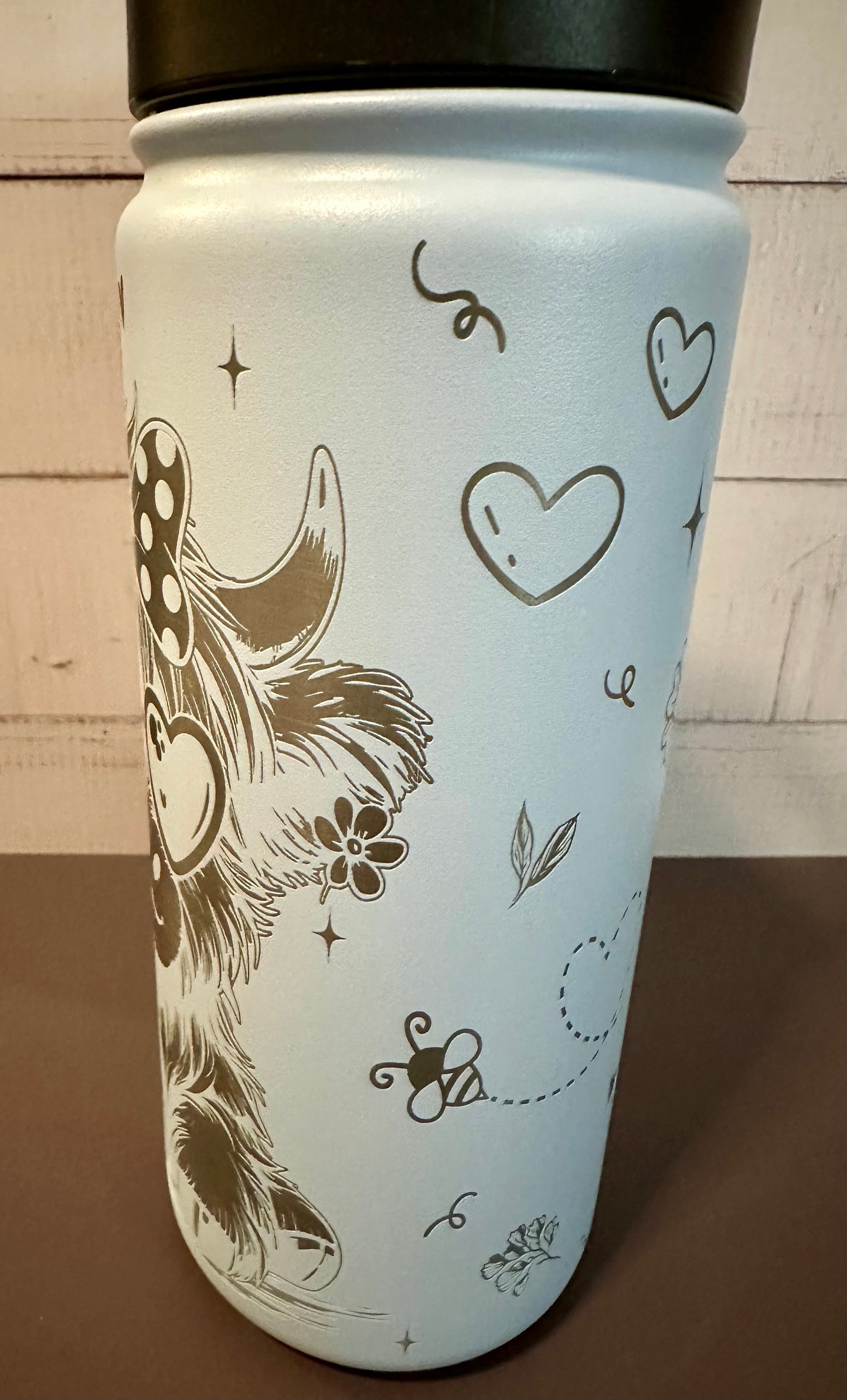 16oz. Insulated Water Bottle with Straw Lid - Light Blue, Highland Coo with Bow and Glasses