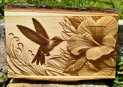 Hummingbird and Hibiscus Live Edge Rectangular Plaque