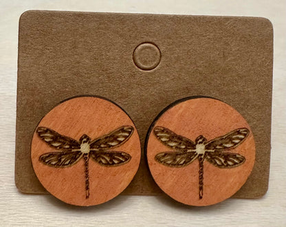 Wooden Engraved Earrings - Dragonfly Rounds