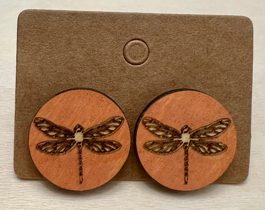 Wooden Engraved Earrings - Dragonfly Rounds