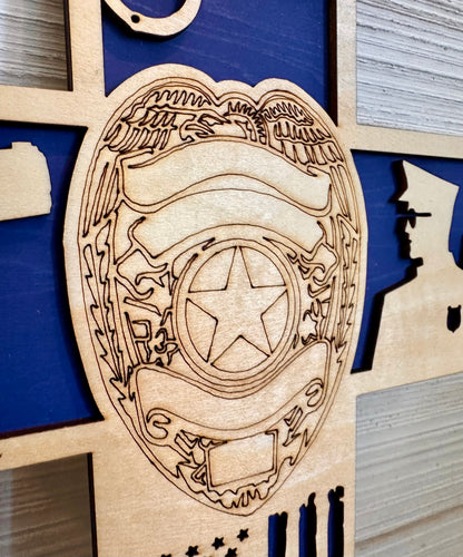 3D Layered and Engraved Wood Cross - Police / Law Enforcement