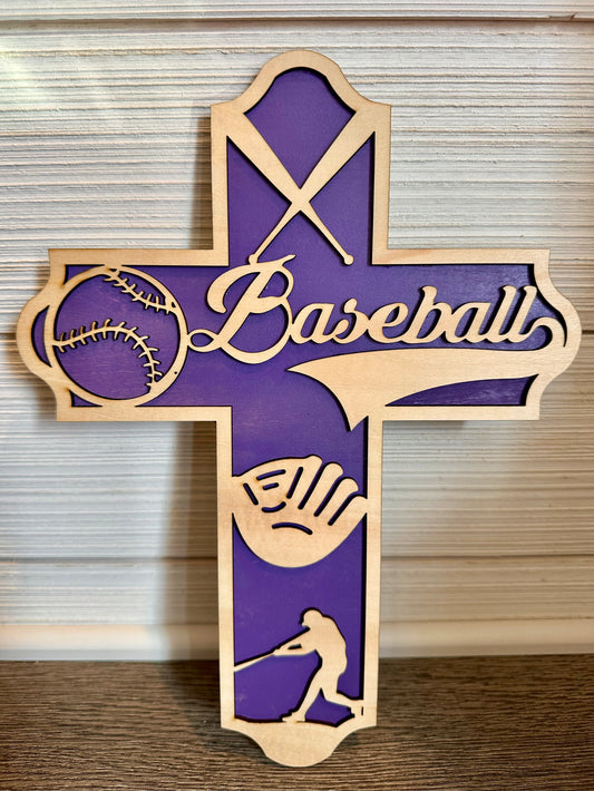 3D Layered and Engraved Wood Cross - Baseball