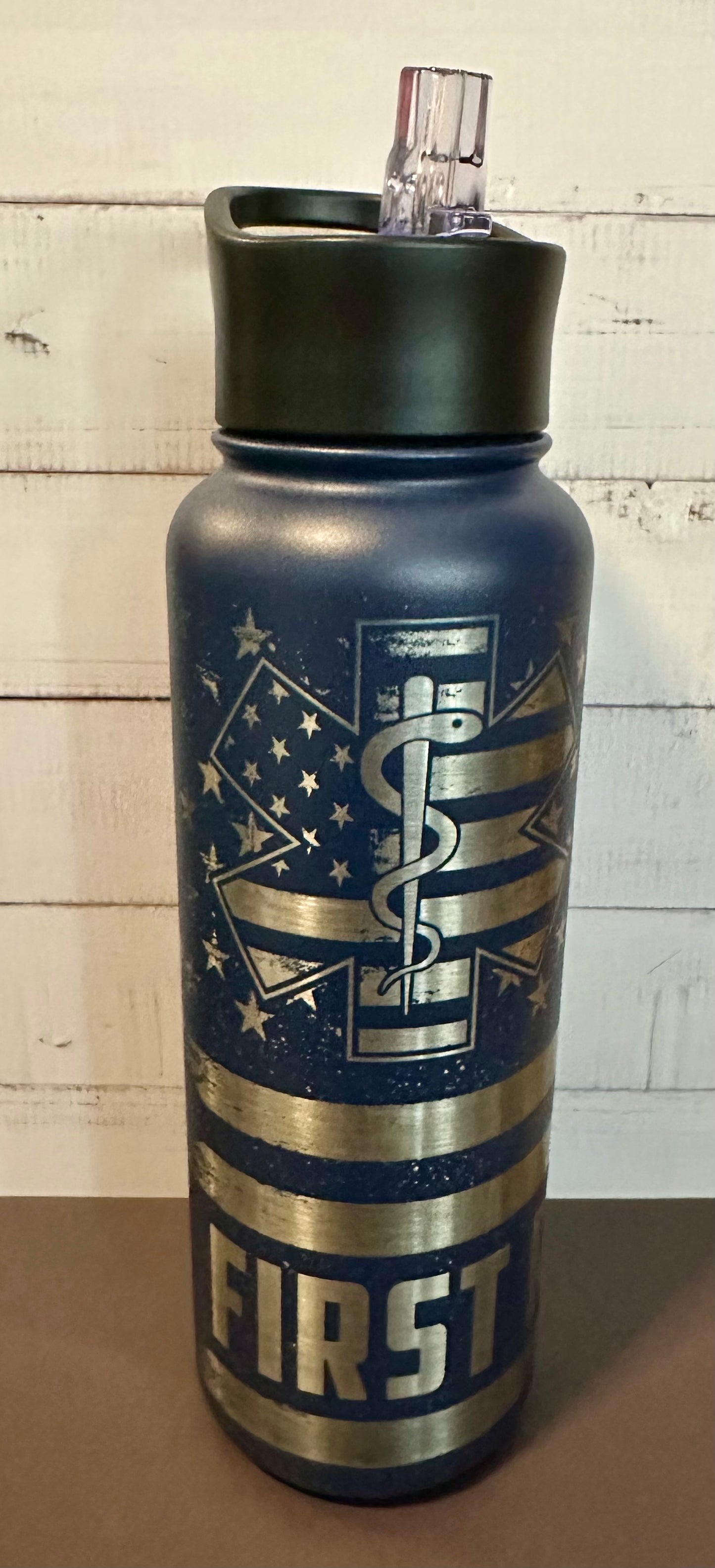 40oz. Insulated Water Bottle with Collapsible Straw Lid - Navy, EMS First Responder