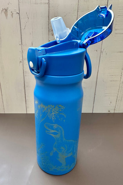 16oz. Insulated Water Bottle with Straw Lid and Built in Lid Handle - Blue with Dinosaur