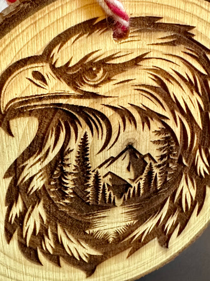 Engraved Live Edge Wooden Round Ornament - Eagle with Inner Wilderness Scene