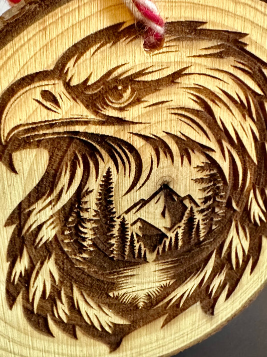 Engraved Live Edge Wooden Round Ornament - Eagle with Inner Wilderness Scene