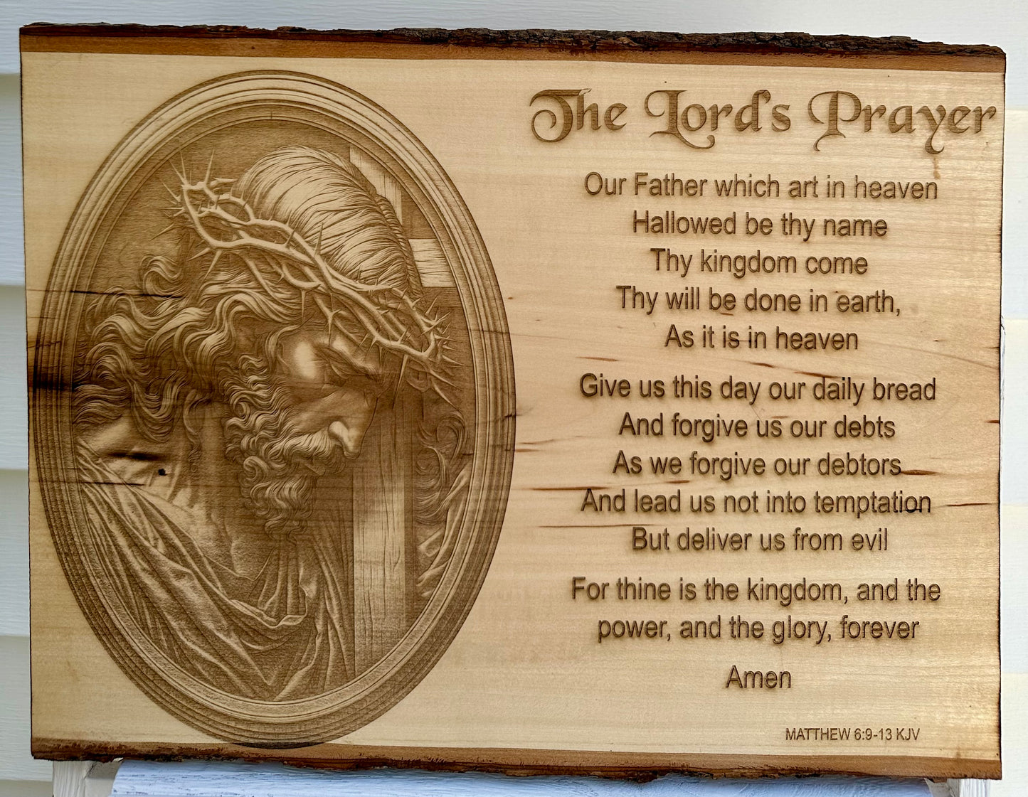 The Lord’s Prayer with Jesus in Circular Frame Live Edge Rectangular Plaque