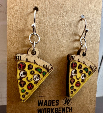 Wooden Engraved Dangle Earrings - Pizza