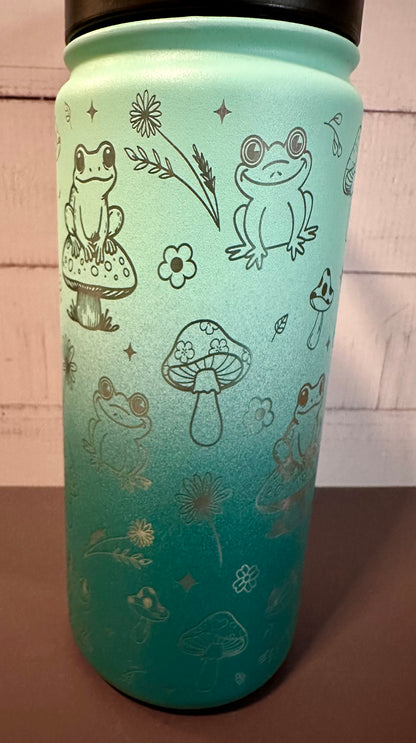 16oz. Insulated Water Bottle with Straw Lid - Varigated Teal Ombré, Frogs and Toadstools