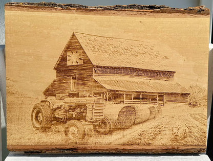 Barn with Quilt Square and Tractor Live Edge Rectangular Plaque