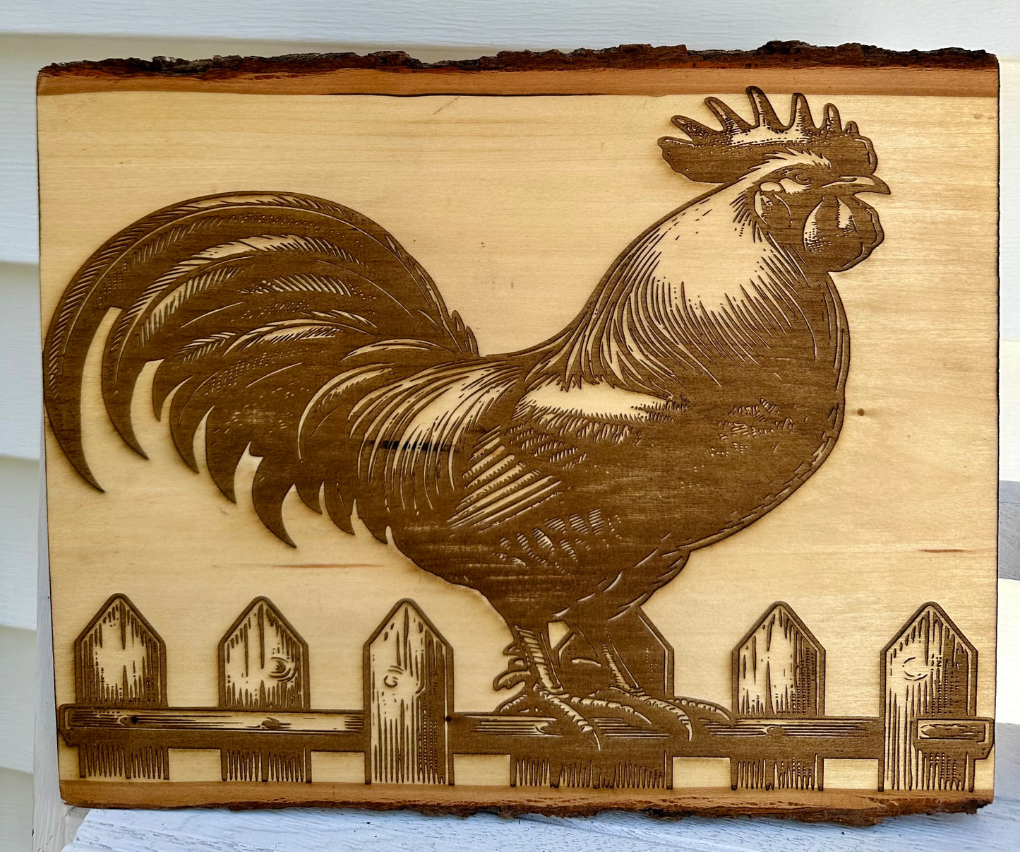 Rooster on Fence Live Edge Rectangular Plaque