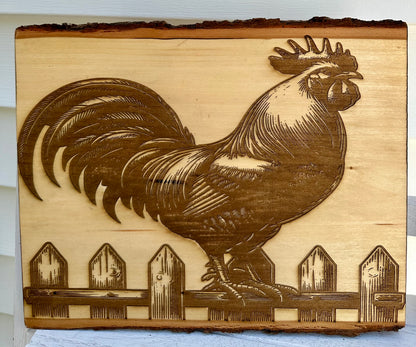 Rooster on Fence Live Edge Rectangular Plaque