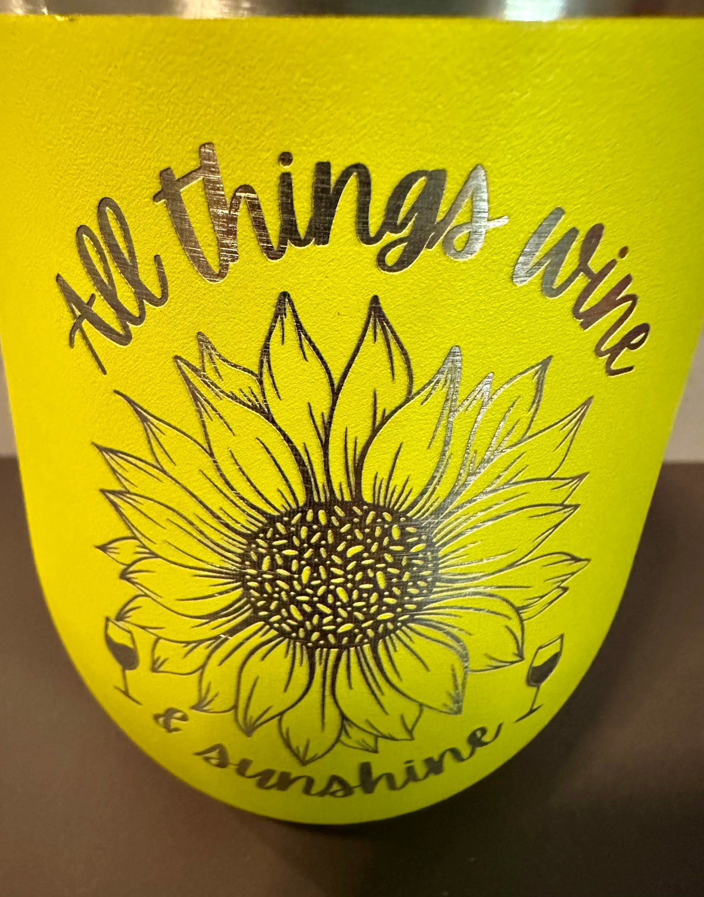 All Things Wine and Sunshine - Yellow - 12oz Stainless Steel Double Wall Vacuum Insulated Wine Tumbler with Lid