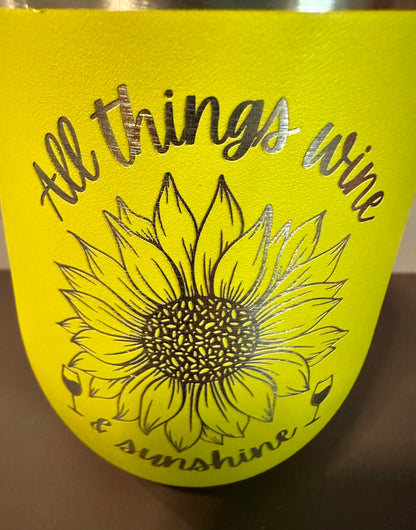 All Things Wine and Sunshine - Yellow - 12oz Stainless Steel Double Wall Vacuum Insulated Wine Tumbler with Lid