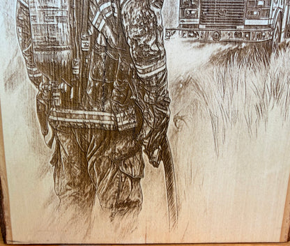Plaque Live Edge Rectangular - Firefighter with Firetruck and Flag