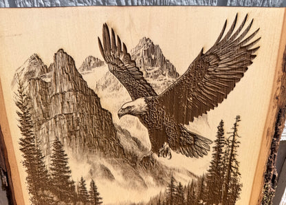 Plaque Live Edge Rectangular - Eagle Above Cabin and Canoe