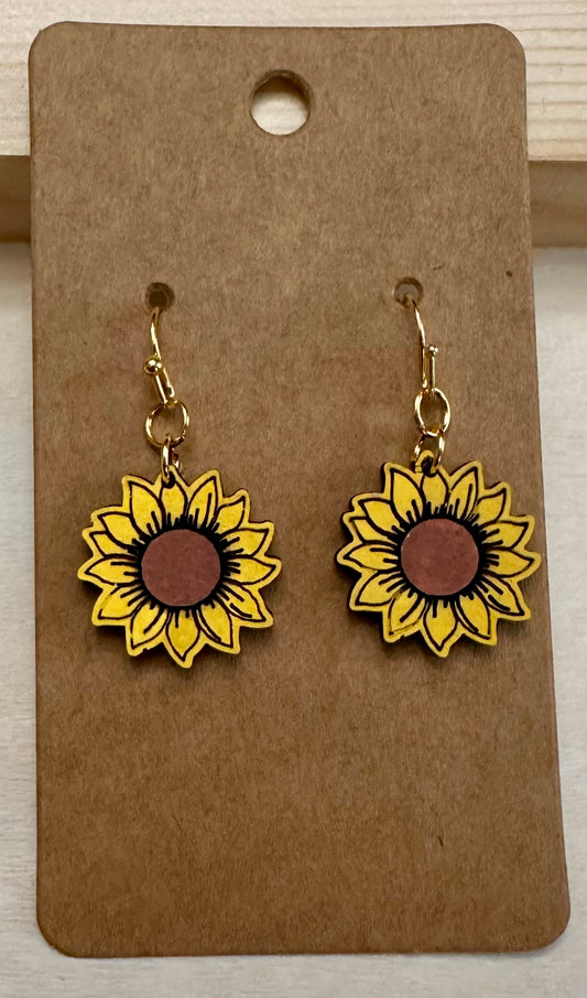 Wooden Engraved Dangle Earrings - Sunflowers