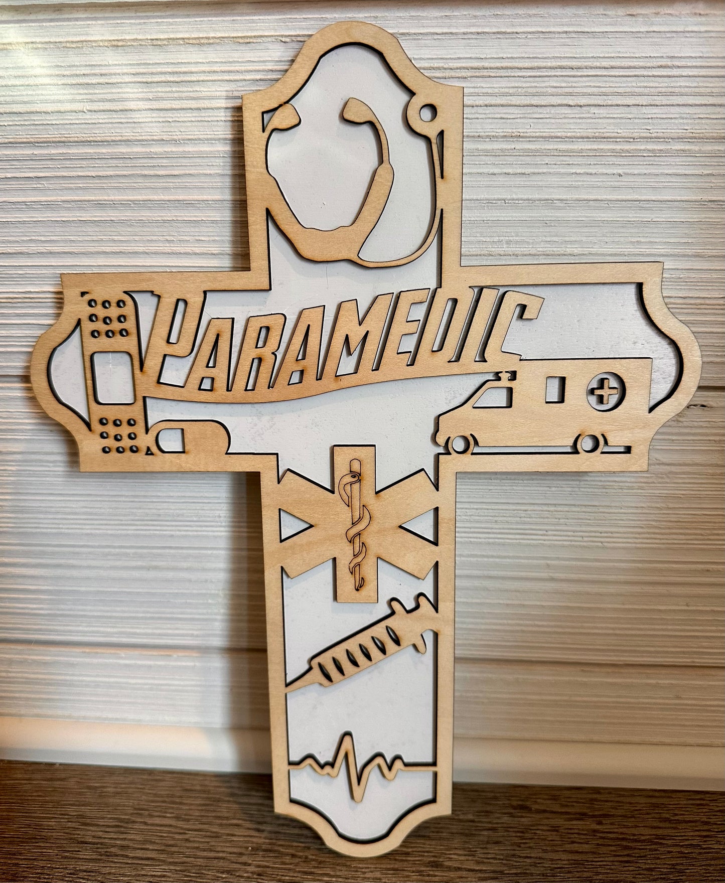 3D Layered and Engraved Wood Cross - Paramedic