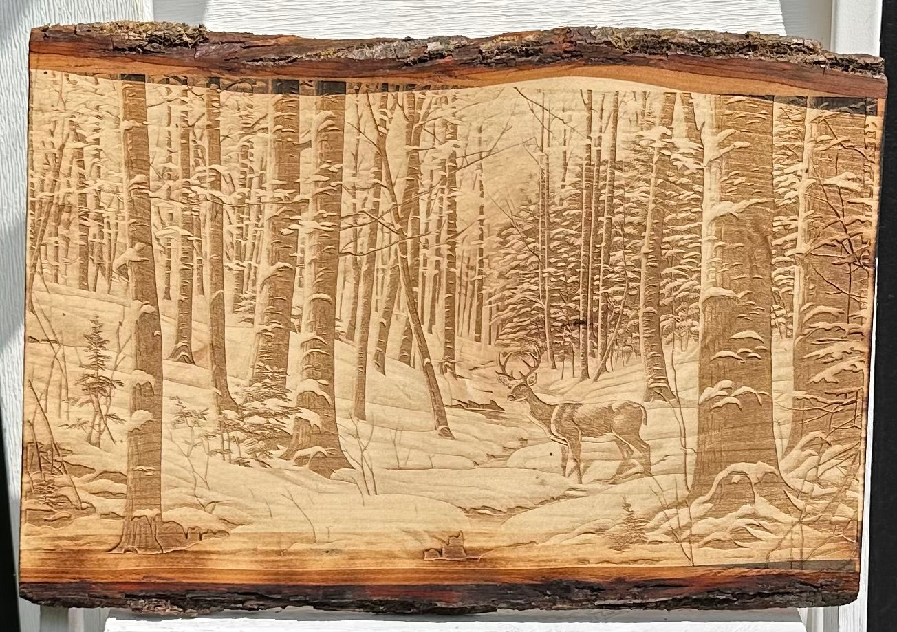 Deer in Snowy Forest Live Edge Rectangular Plaque