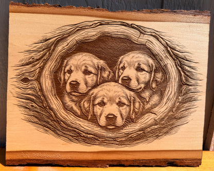 Plaque Live Edge Rectangular - Three Retriever Puppies