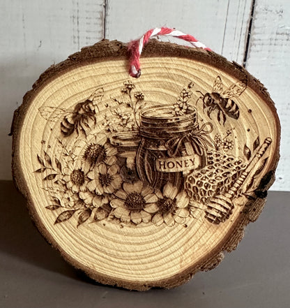 Engraved Live Edge Wooden Round Ornament - Honey and Bees