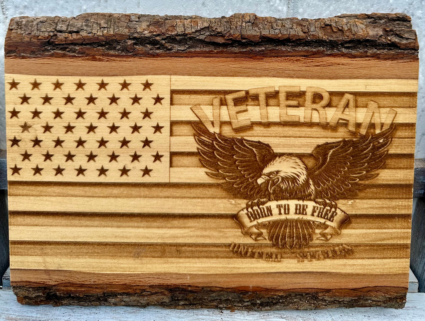 Military Veteran Born to be Free Eagle with Flag Live Edge Rectangular Plaque