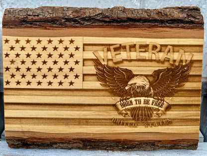 Military Veteran Born to be Free Eagle with Flag Live Edge Rectangular Plaque