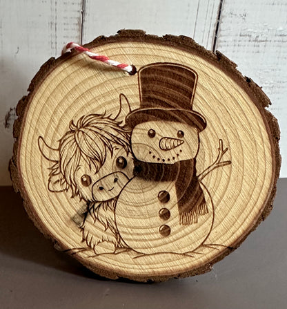 Engraved Live Edge Wooden Round Ornament - Highland Coo and Snowman