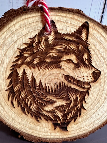 Engraved Live Edge Wooden Round Ornament - Wolf with Inner Wilderness Scene