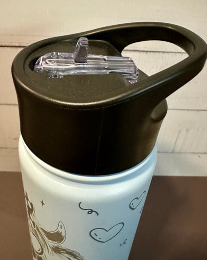 16oz. Insulated Water Bottle with Straw Lid - Light Blue, Highland Coo with Bow and Glasses