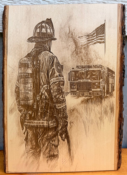 Plaque Live Edge Rectangular - Firefighter with Firetruck and Flag