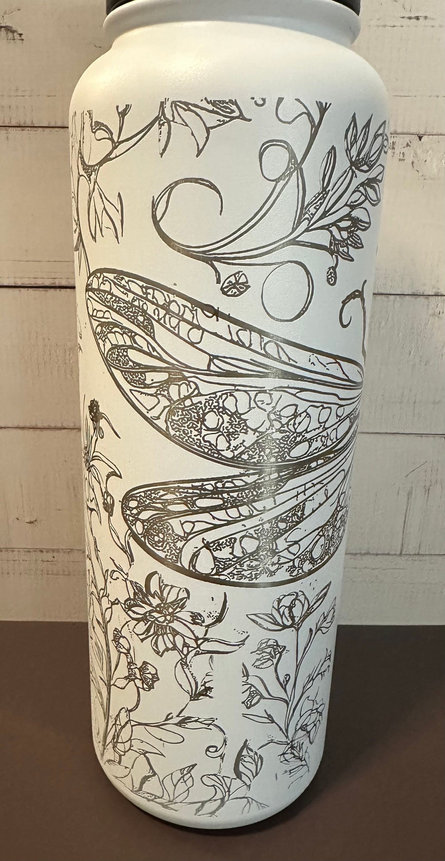 40oz. Insulated Water Bottle with Collapsible Straw Lid - White, Dragonfly