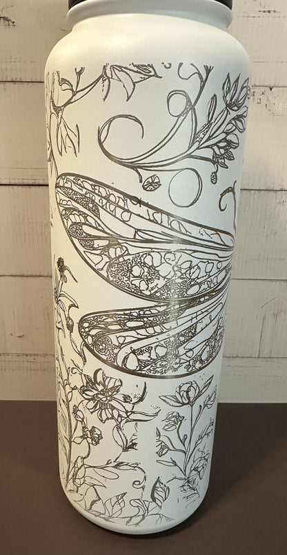 40oz. Insulated Water Bottle with Collapsible Straw Lid - White, Dragonfly