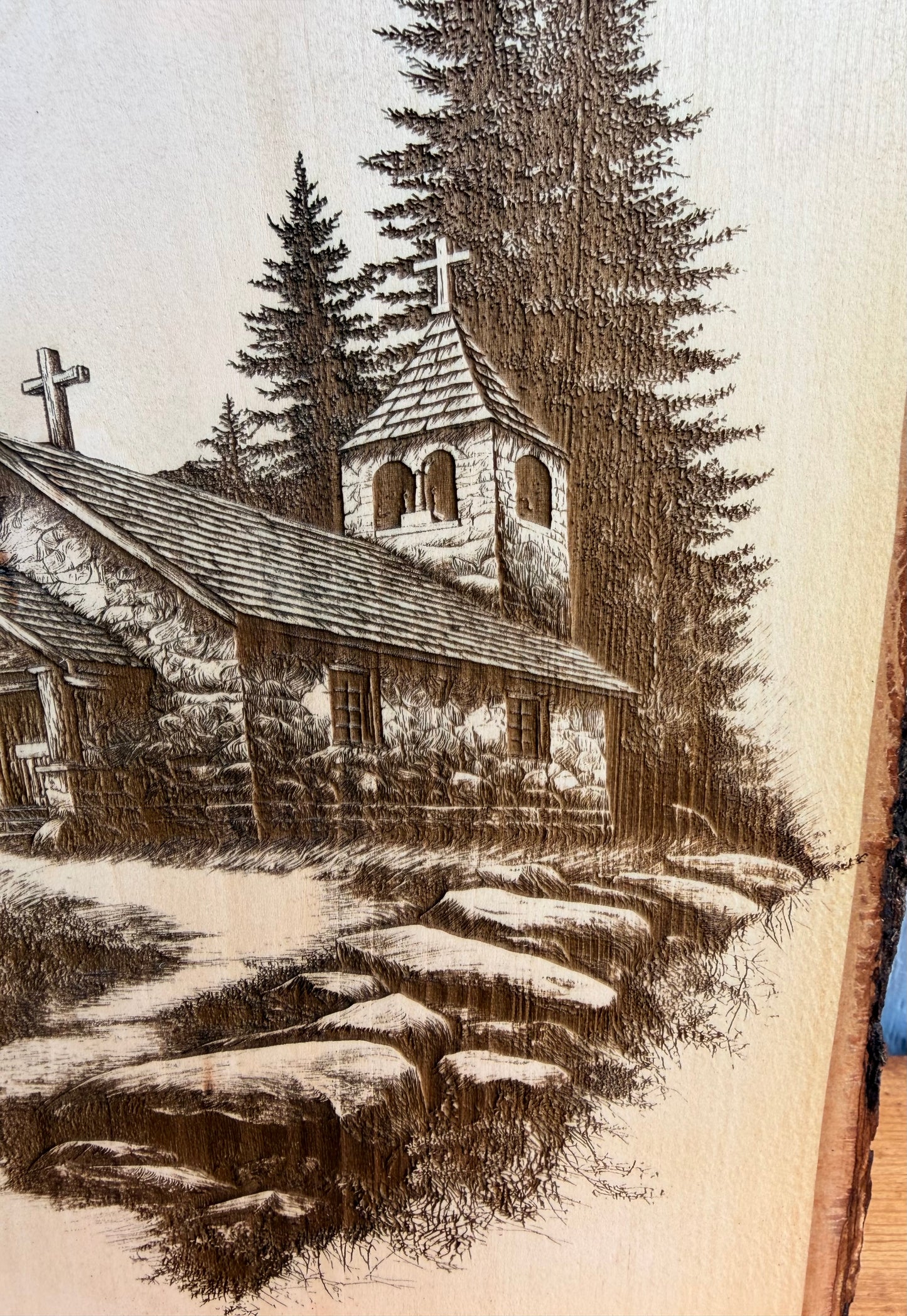 Plaque Live Edge Rectangular - Wooded Church with Path