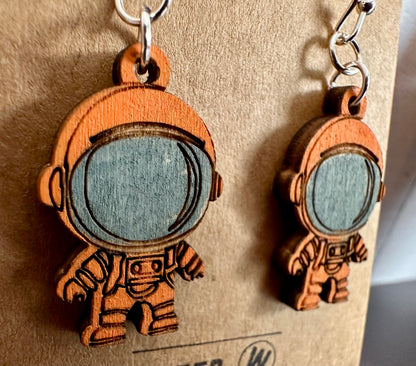 Wooden Engraved Dangle Earrings - Astronaut (One Pair)