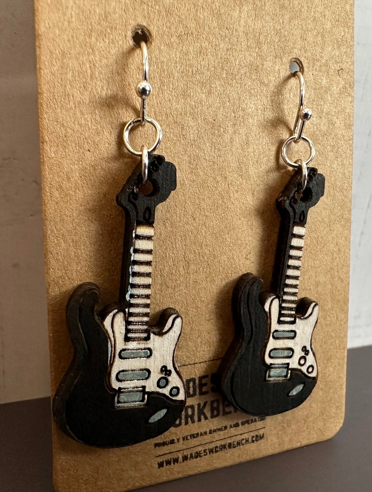 Wooden Engraved Dangle Earrings - Electric Guitar