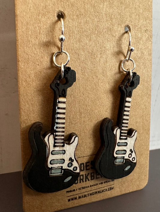 Wooden Engraved Dangle Earrings - Electric Guitar