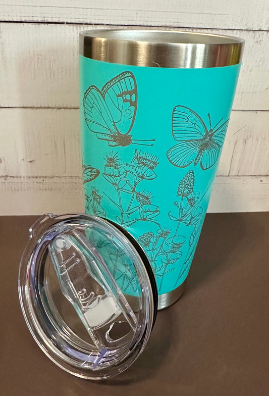 20oz. Insulated Travel Tumbler with Slide Lid - Teal with Wildflowers and Butterflies