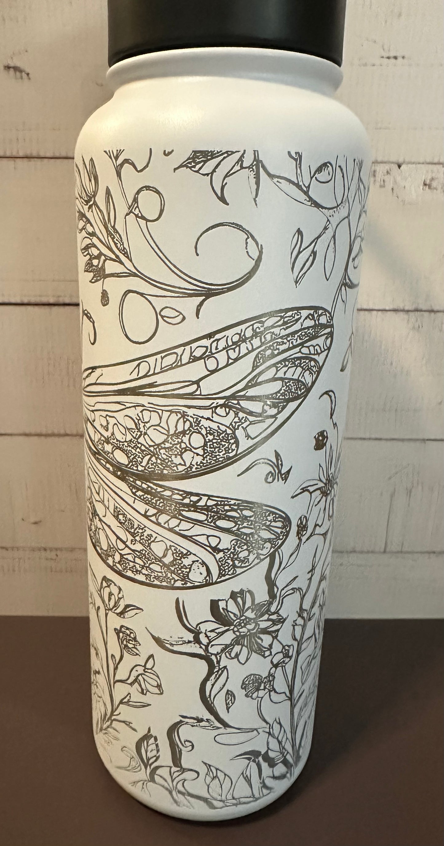 40oz. Insulated Water Bottle with Collapsible Straw Lid - White, Dragonfly