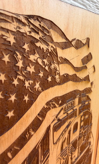 Plaque Live Edge Rectangular - Train 8793 with Flag and Desert Road